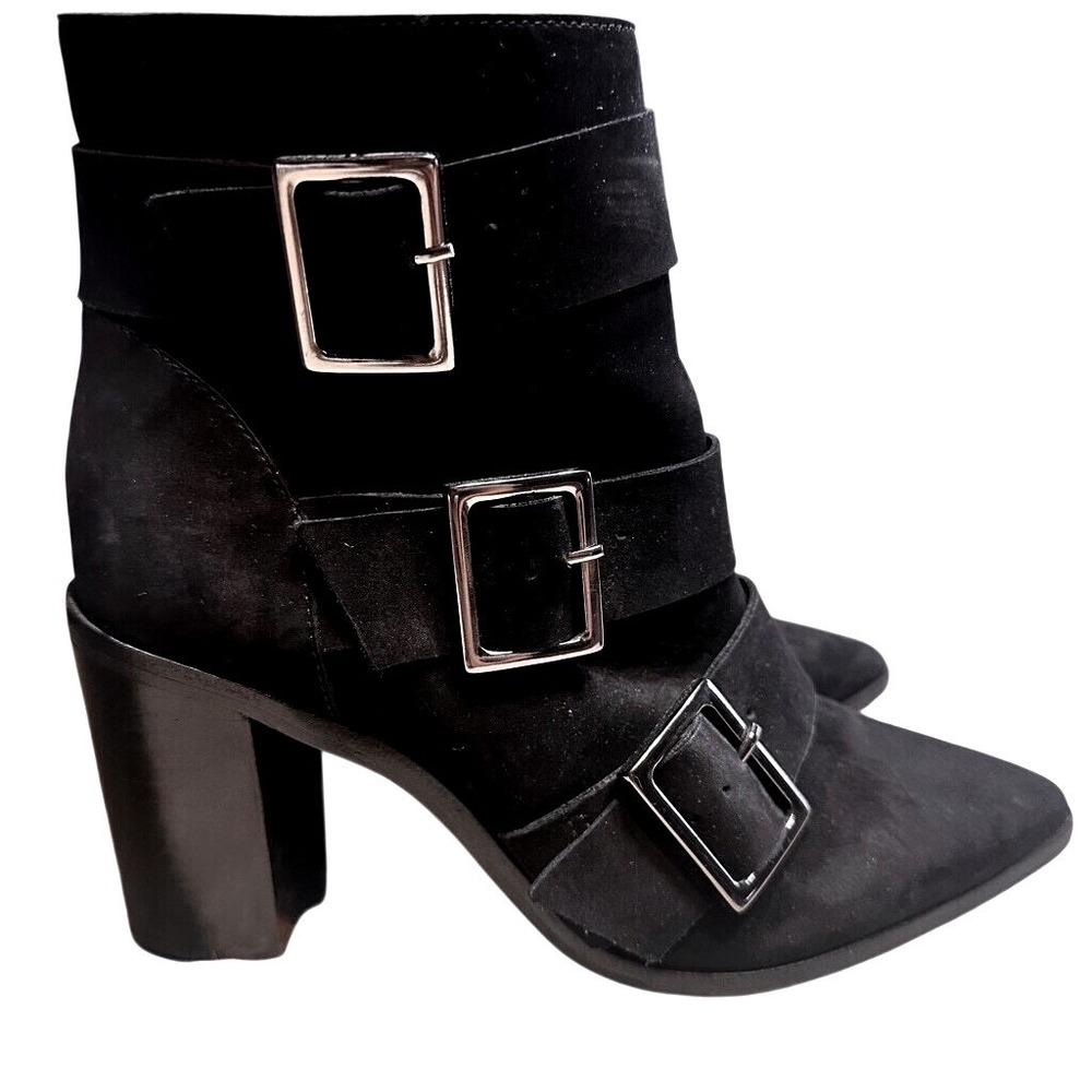 Schutz Black Suede Triple Buckle Pointed Toe Block‎ Heel Ankle Moto Boots 6B